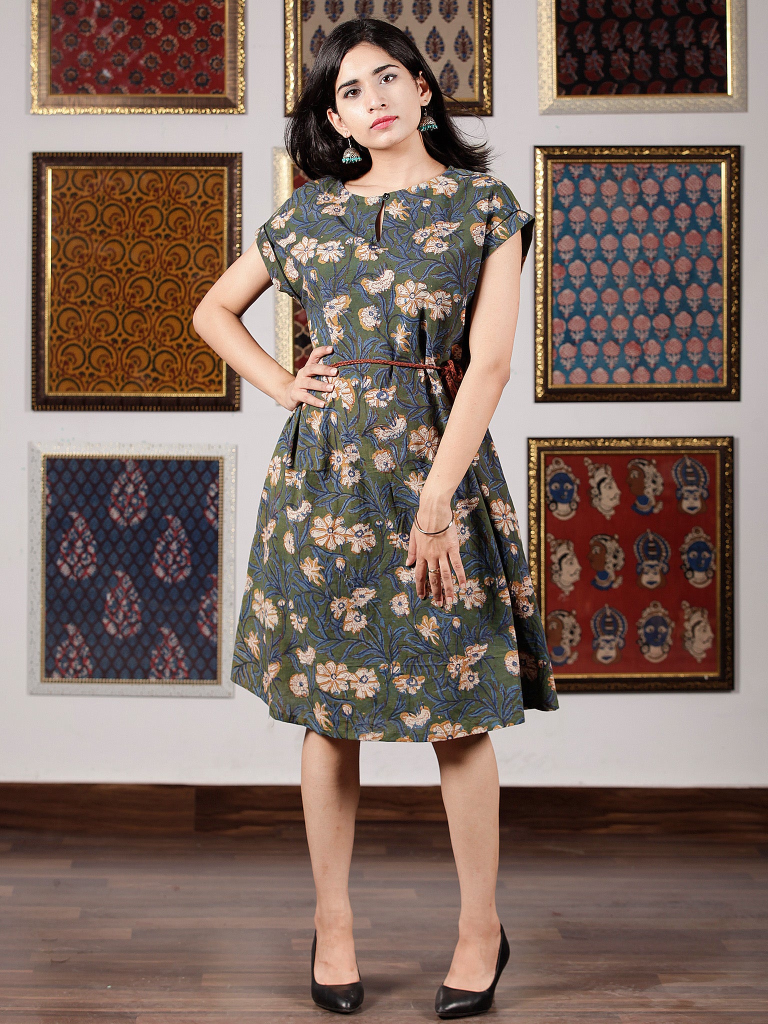 Sage Green Indigo Mustard Hand Block Printed Cotton Midi Dress - D245F ...