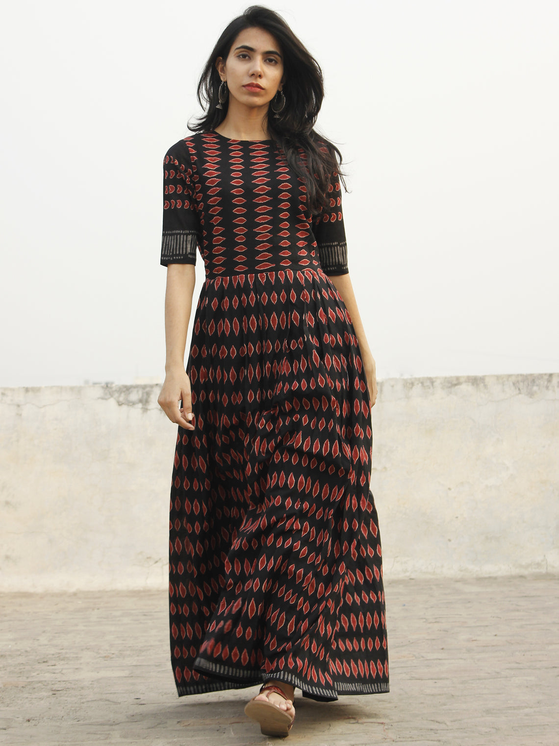 Naaz Azia - Black Maroon Grey Long Hand Block Cotton Dress With Knife ...