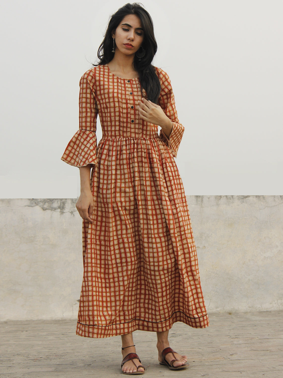 Brick Red Ivory Brown Hand Block Long Cotton Dress With Bell Sleeves ...