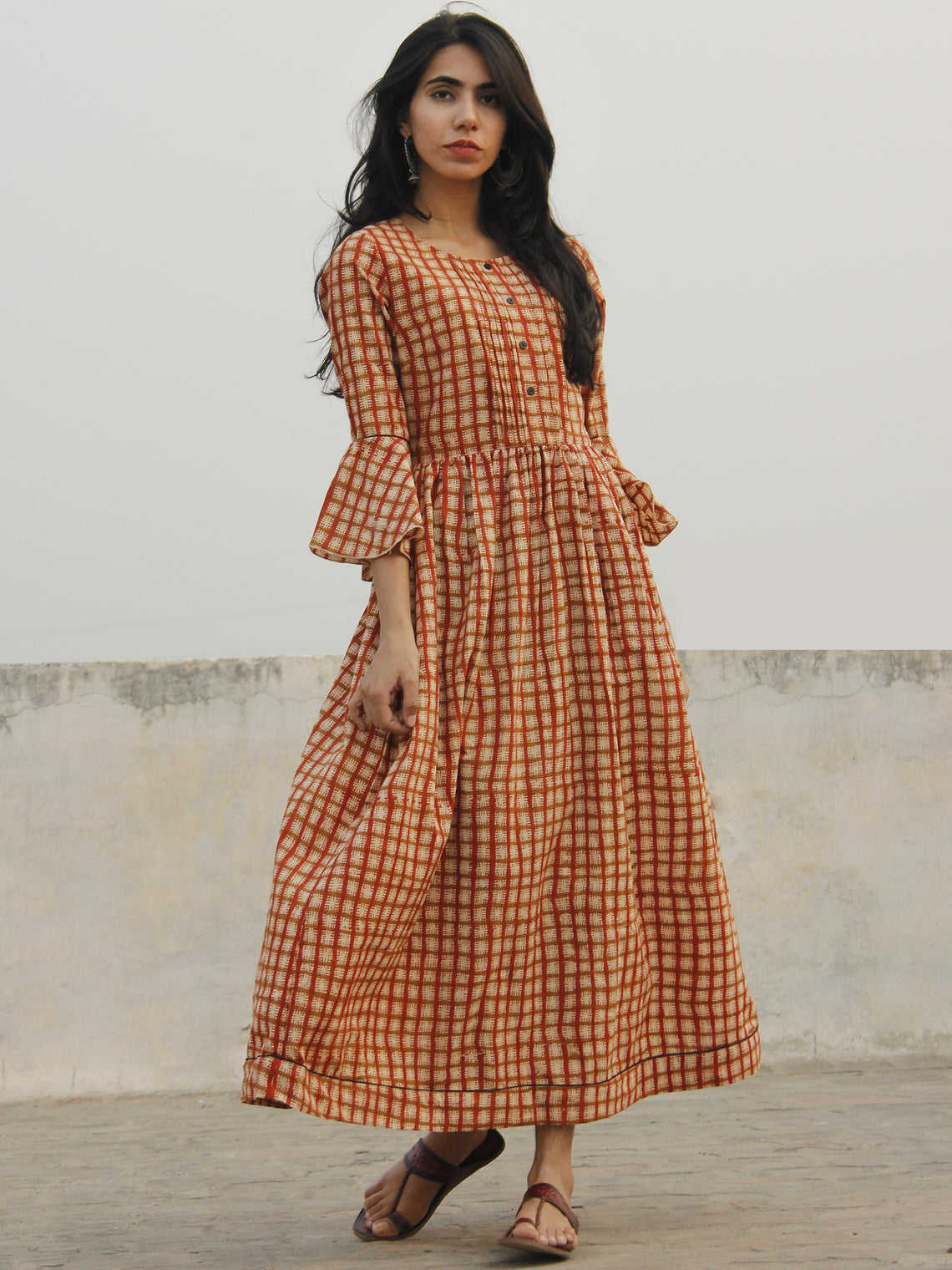 Brick Red Ivory Brown Hand Block Long Cotton Dress With Bell Sleeves ...