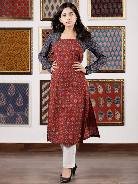 Indigo Maroon Beige Black Ajrakh Hand Block Printed Kurta in Natural C ...