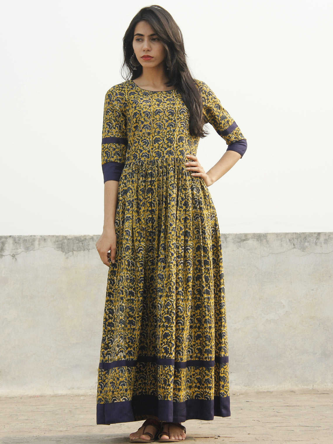 Mustard Yellow Indigo Green Ivory Long Hand Block Cotton Dress With Ba ...