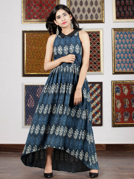 Indigo Blue White Hand Block Printed Cotton Asymmetric Dress With Shir ...