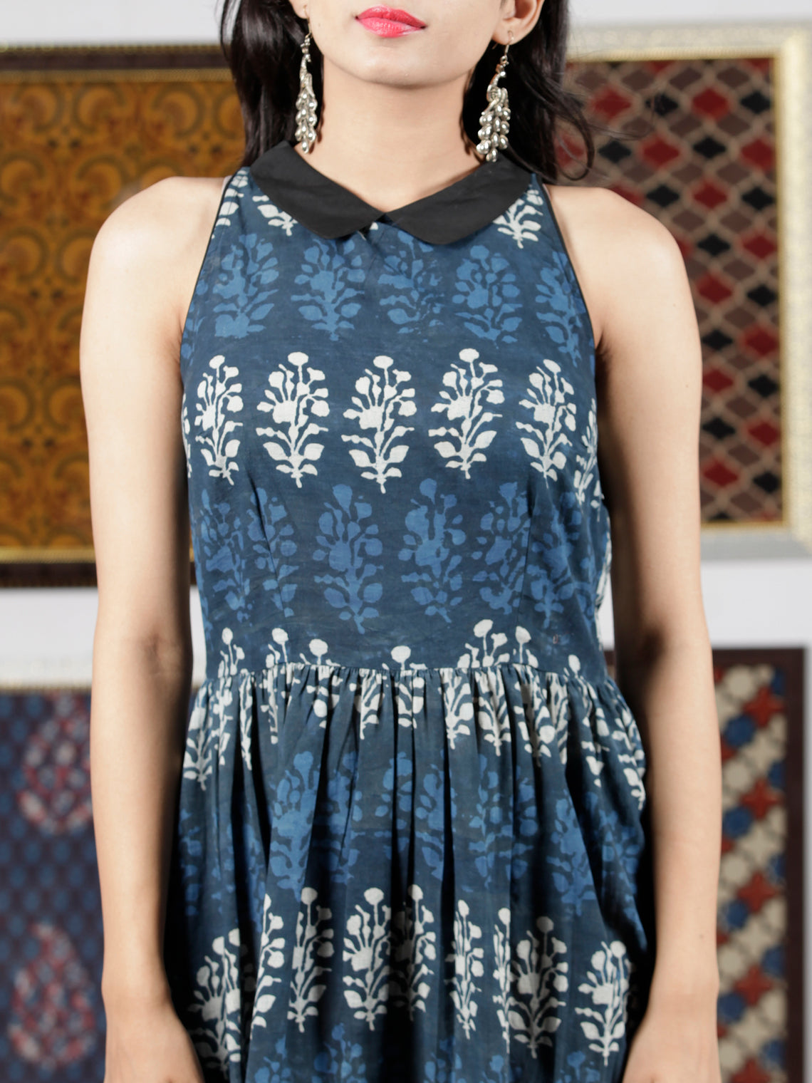 Indigo Blue White Hand Block Printed Cotton Asymmetric Dress With Shir ...