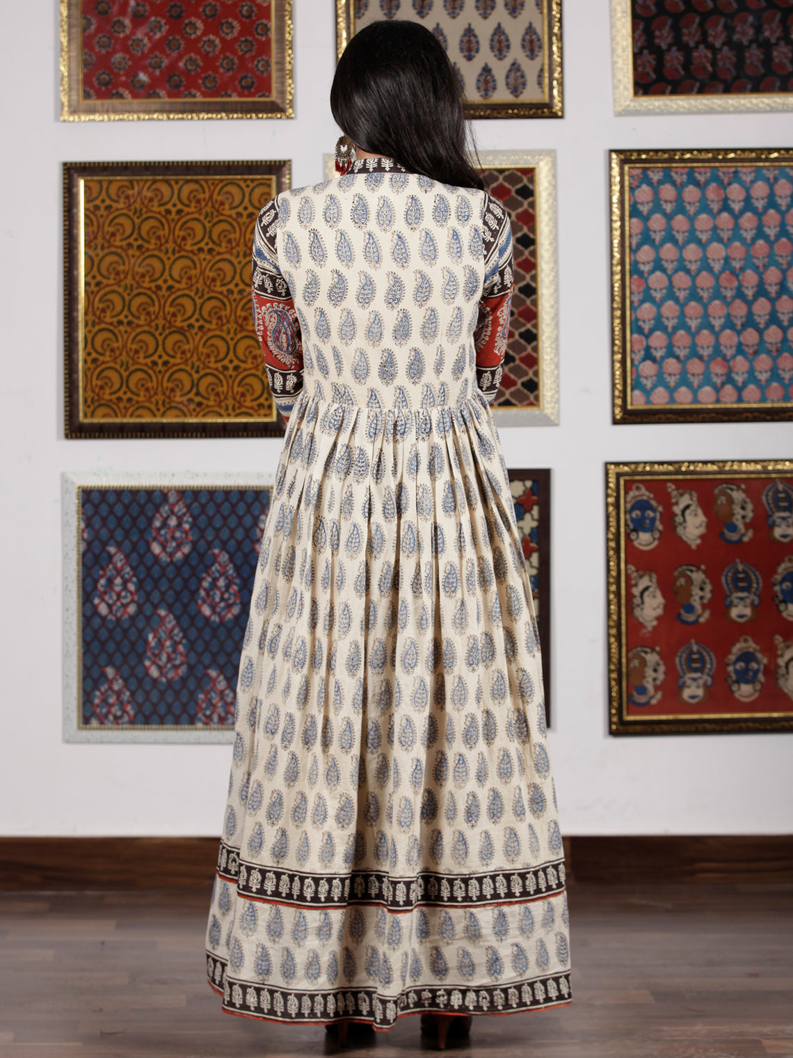 Naaz Beige Red Black Blue Hand Block Printed Long Dress With Front Det ...
