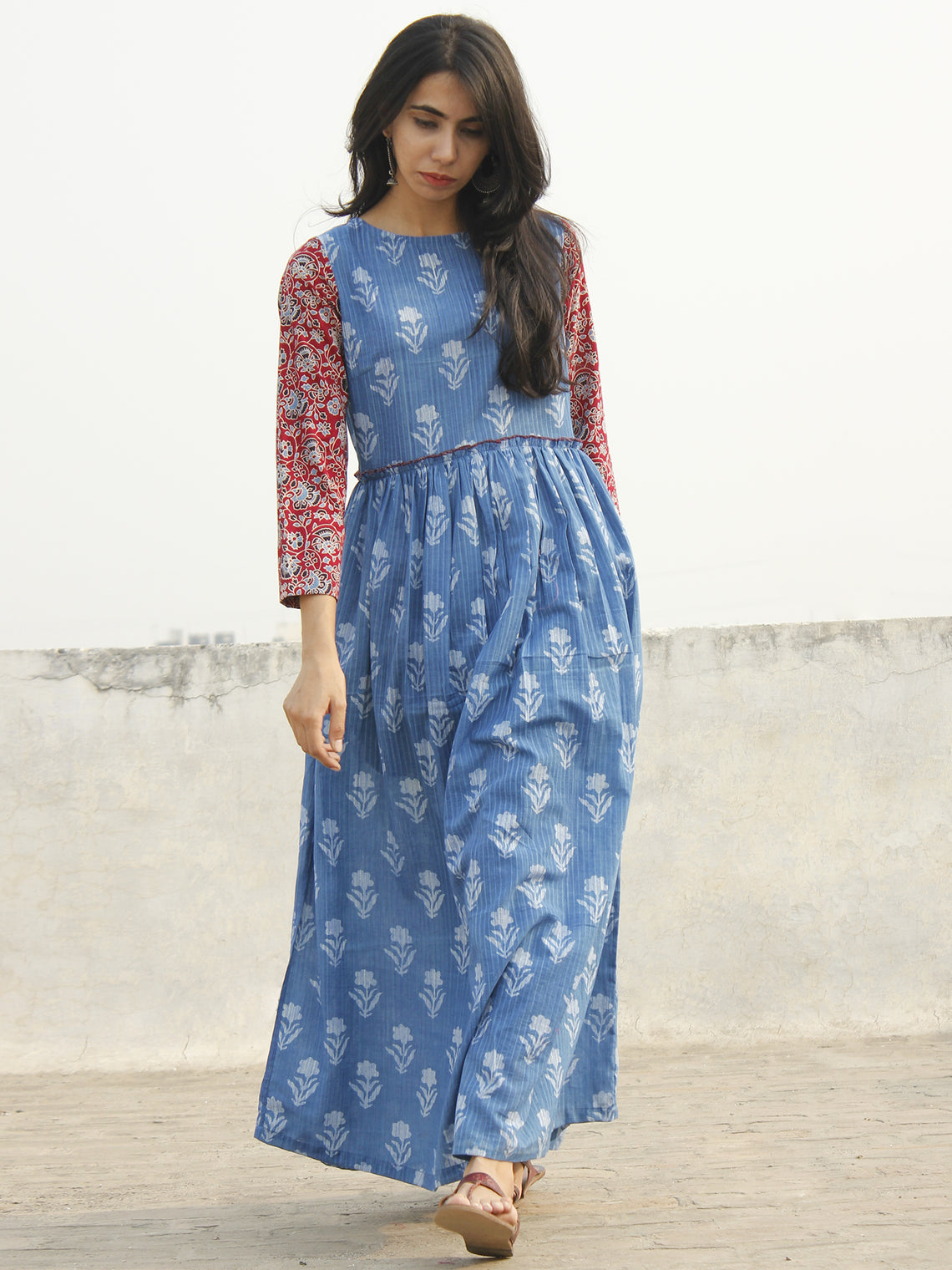 Indigo White Maroon Long Hand Block Printed Cotton Dress With Gathers ...