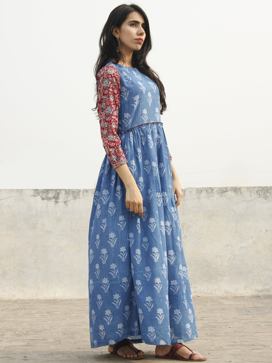 Indigo White Maroon Long Hand Block Printed Cotton Dress With Gathers ...