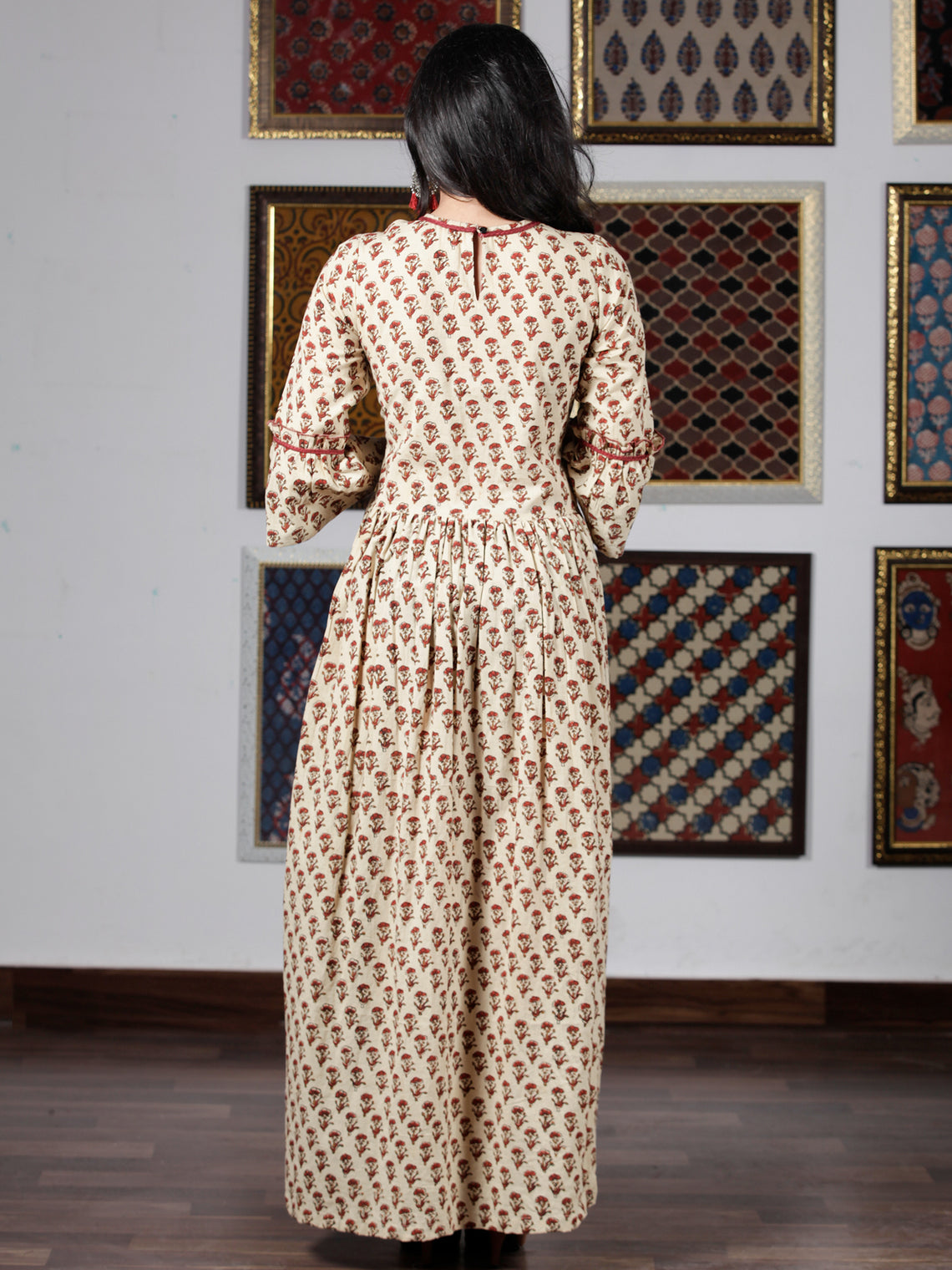 Beige Maroon Mustard Hand Block Printed Long Cotton Dress With Angrakh ...