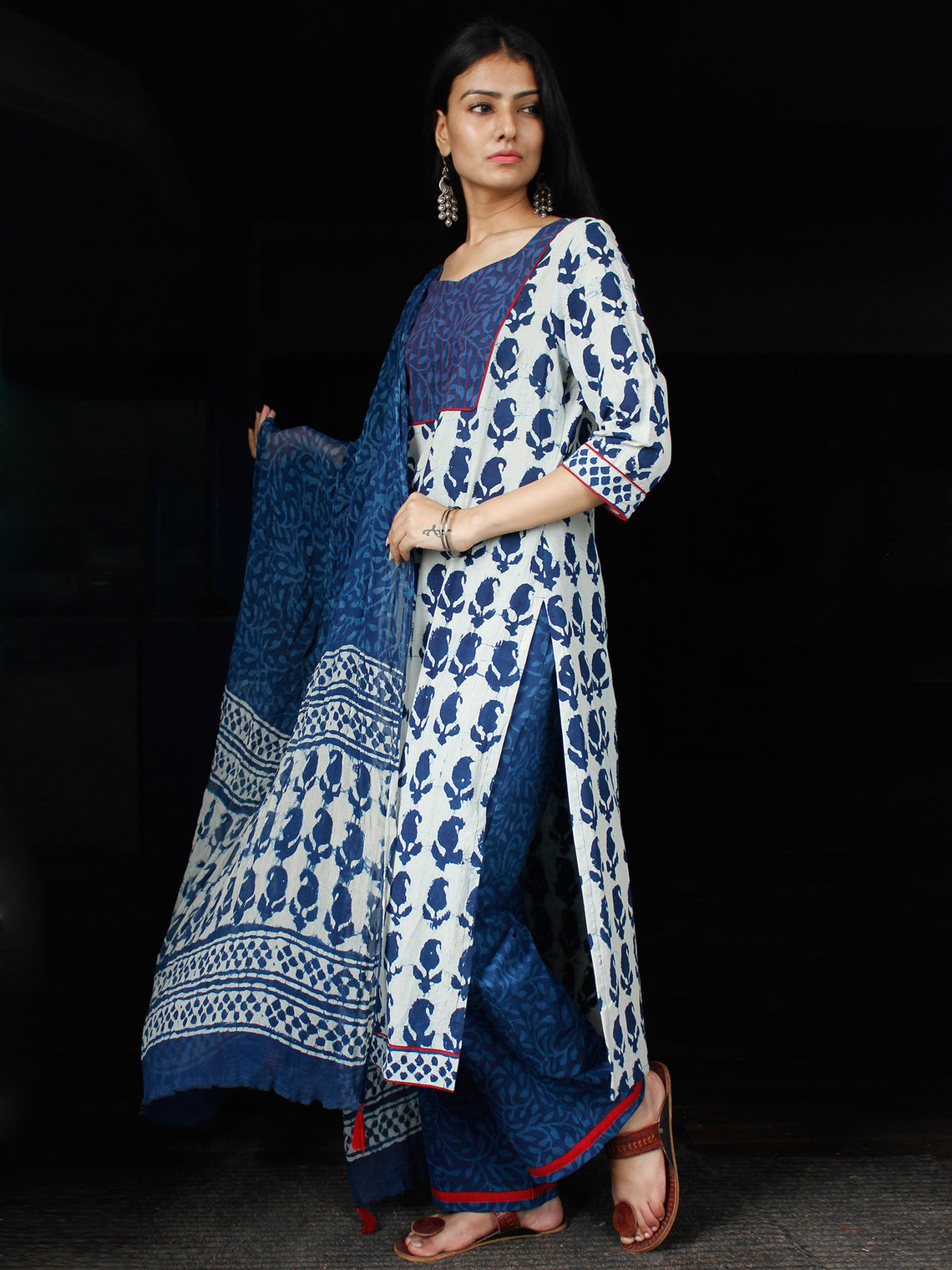 Indigo Ivory Cotton Block Printed Suit - Set of 3 - SS01F016 – InduBindu