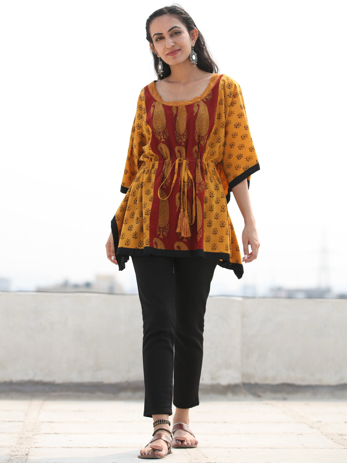 Yellow Rust Bagh Hand Block Printed Short Kaftan - K134F2097 – InduBindu