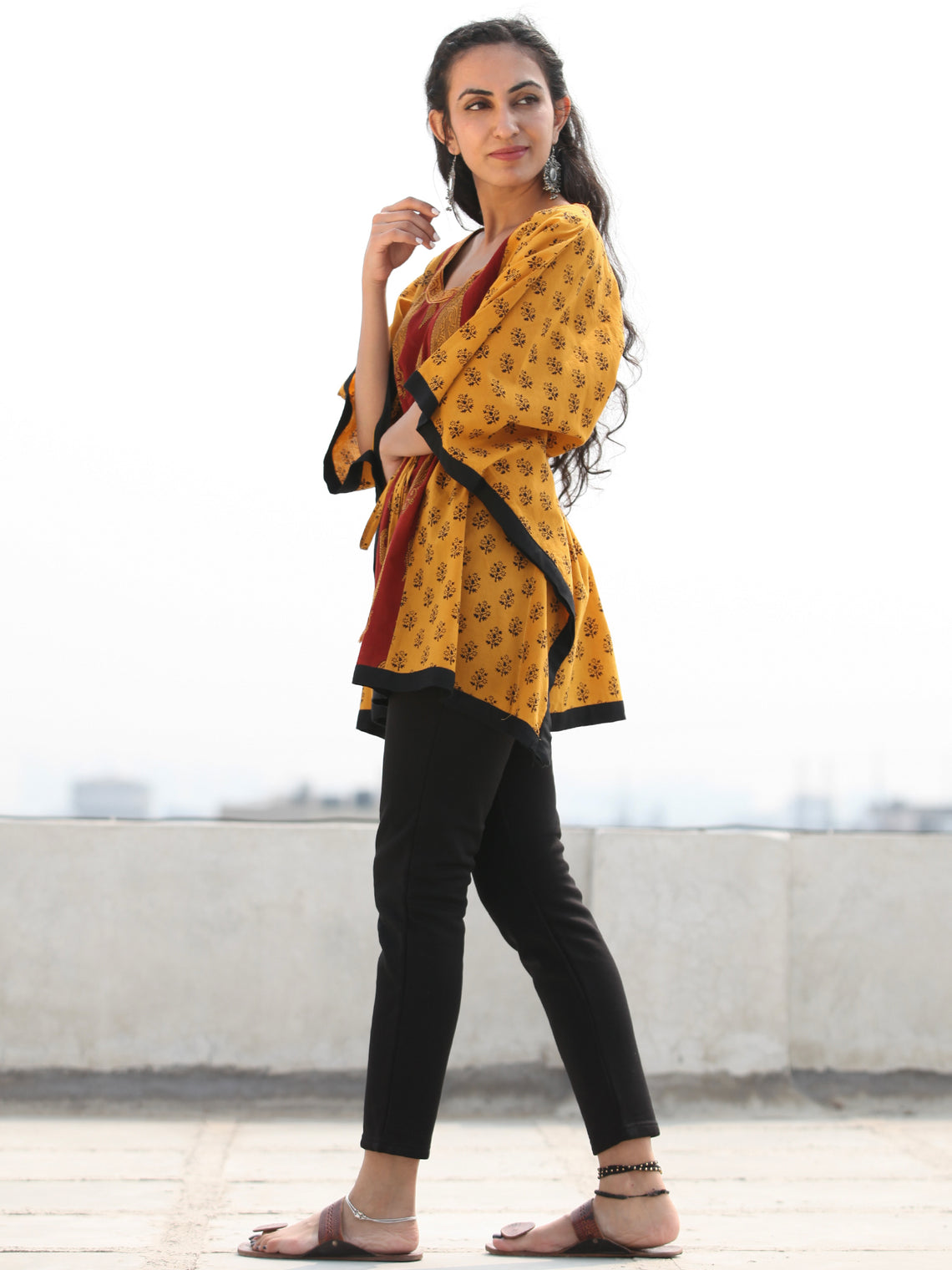 Yellow Rust Bagh Hand Block Printed Short Kaftan - K134F2097 – InduBindu