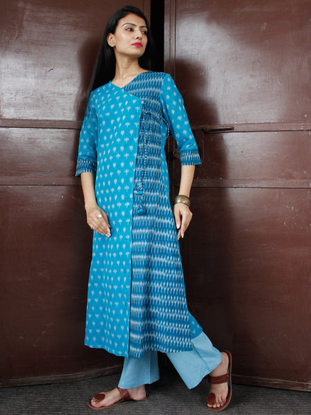 Sky Blue Turquoise Silk Cotton Ikat Angrakha Kurta & Pants (Set of 2 ...