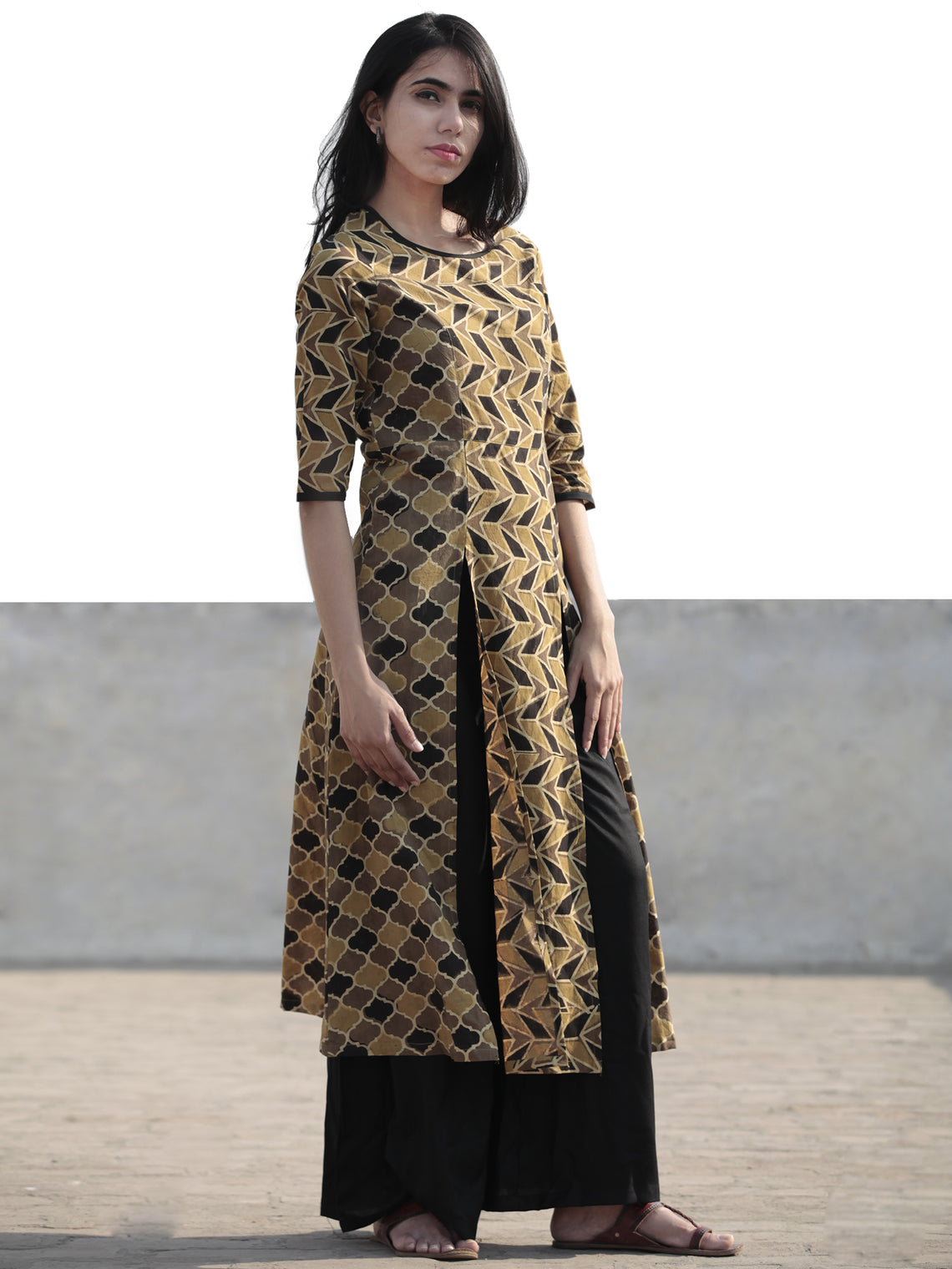 Light Brown Black Beige Hand Printed Ajrakh Kurta With Front Slits - K ...