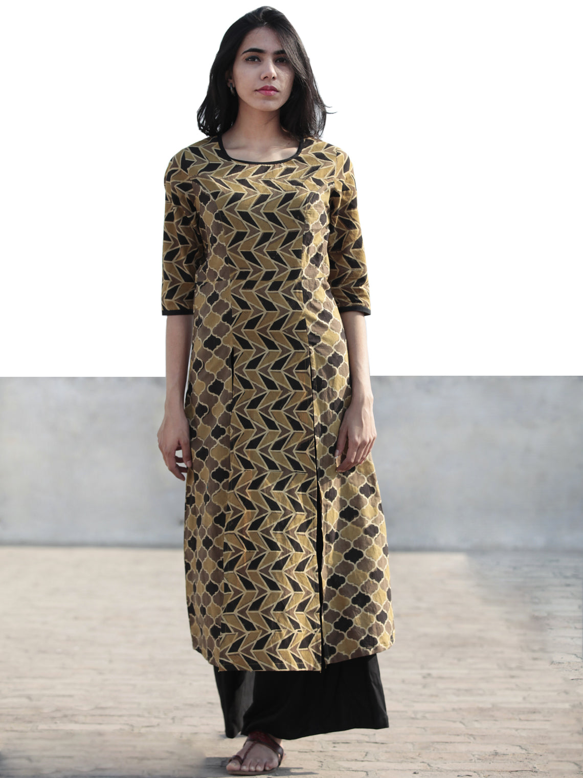 Light Brown Black Beige Hand Printed Ajrakh Kurta With Front Slits - K ...