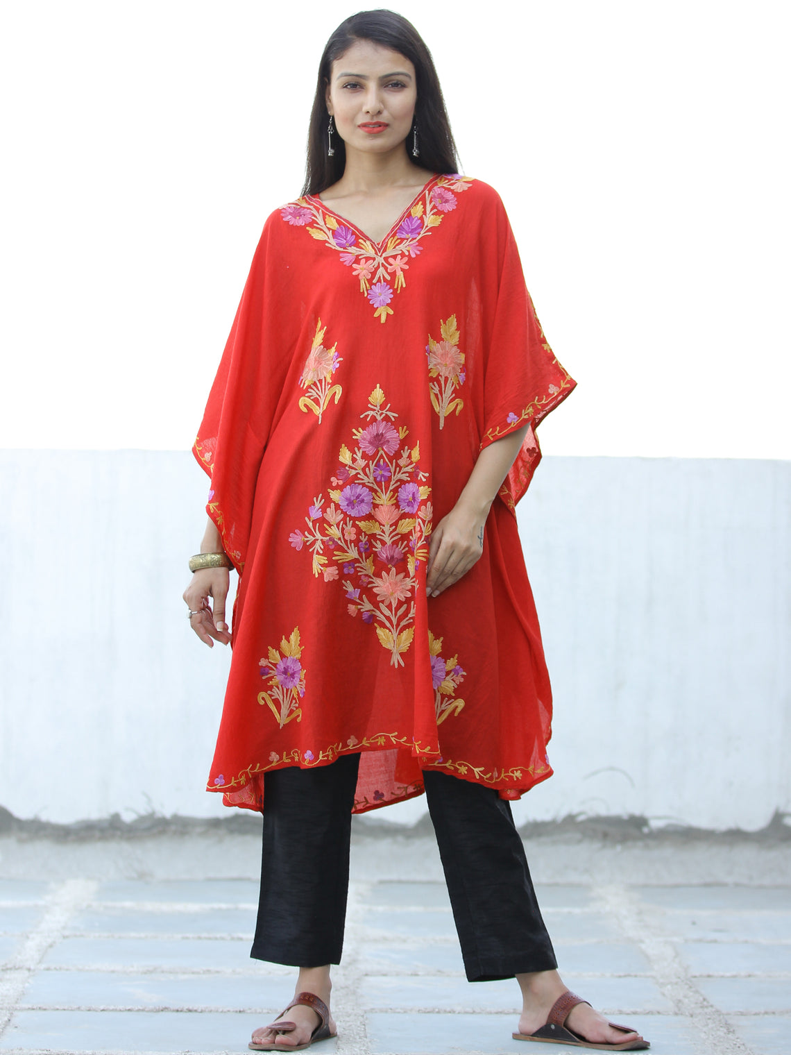 Bright Red Lilac Yellow ri Embroidered Kashmere Free Size Kaftan In Indubindu