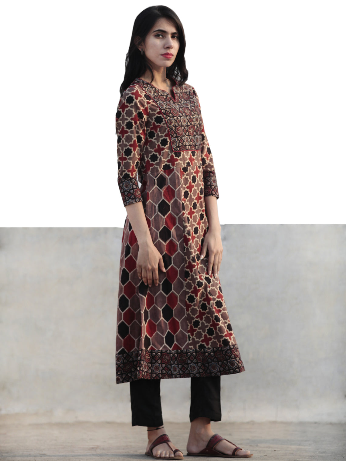 Light Brown Black Red Ivory Hand Printed Ajrakh Kurta - K54F1166 ...