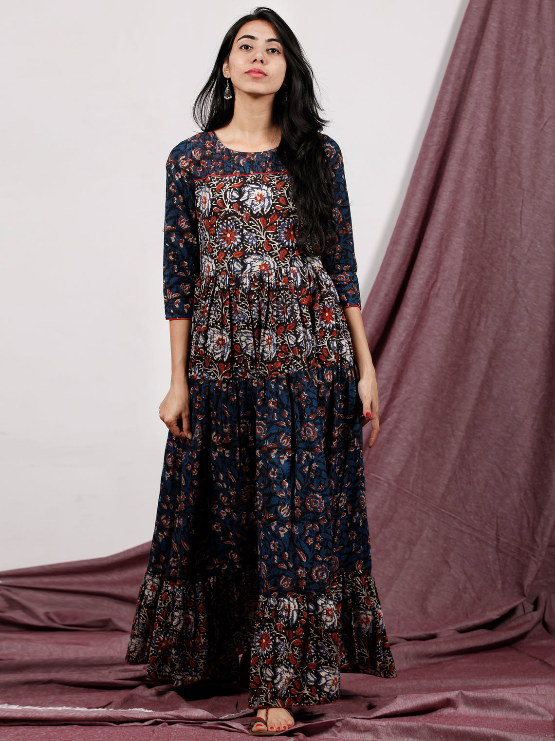 Indigo Black Rust Ivory Hand Block Printed Long Cotton Tier Dress With ...