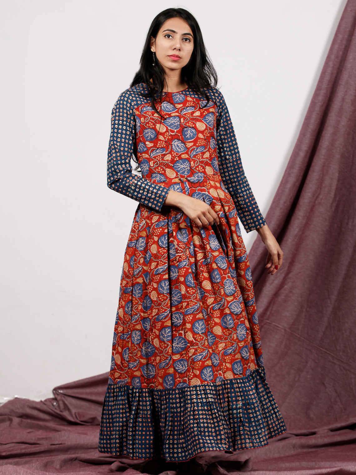 Red Indigo Ivory Hand Block Printed Long Cotton Dress With Box Pleats 