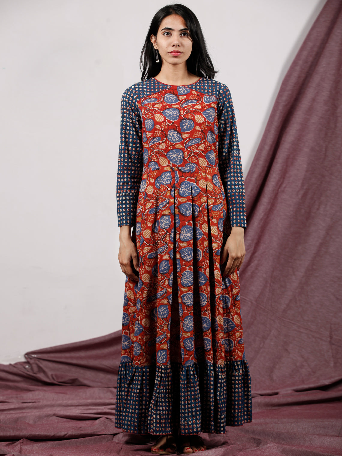 Red Indigo Ivory Hand Block Printed Long Cotton Dress With Box Pleats ...