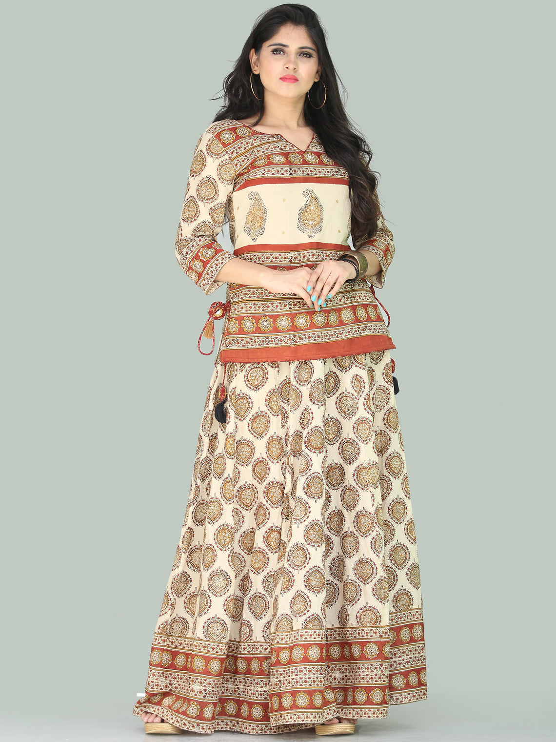 Naaz Bahara - Hand Block Printed Long Embroidered Top & Skirt Dress ...