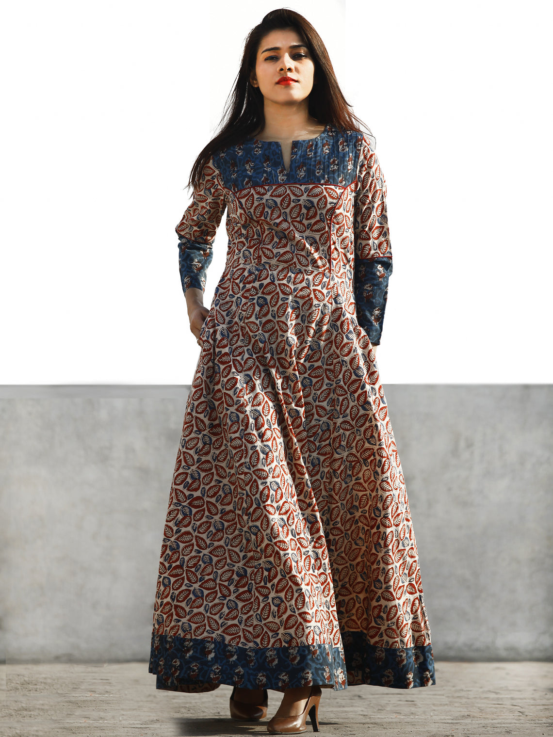 Beige Maroon Indigo Hand Block Printed Long Dress With Pin tucks - D18 ...