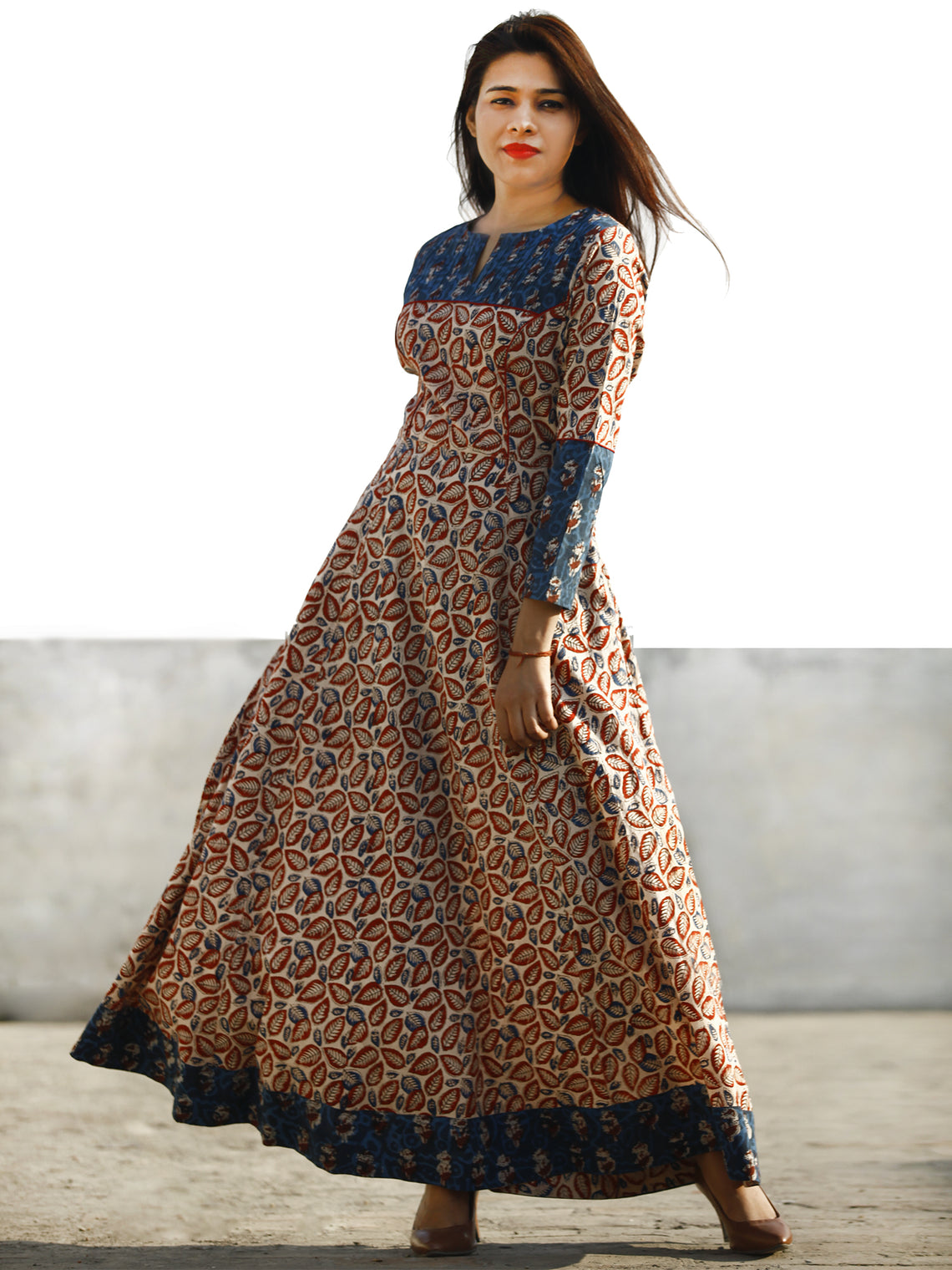 Beige Maroon Indigo Hand Block Printed Long Dress With Pin tucks - D18 ...