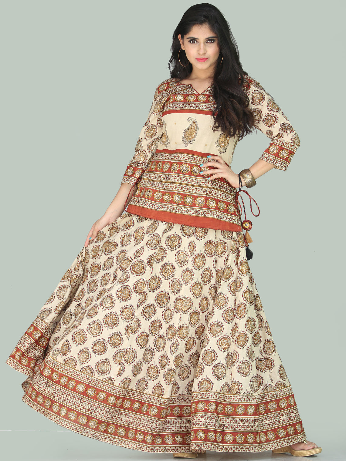 Naaz Bahara - Hand Block Printed Long Embroidered Top & Skirt Dress ...