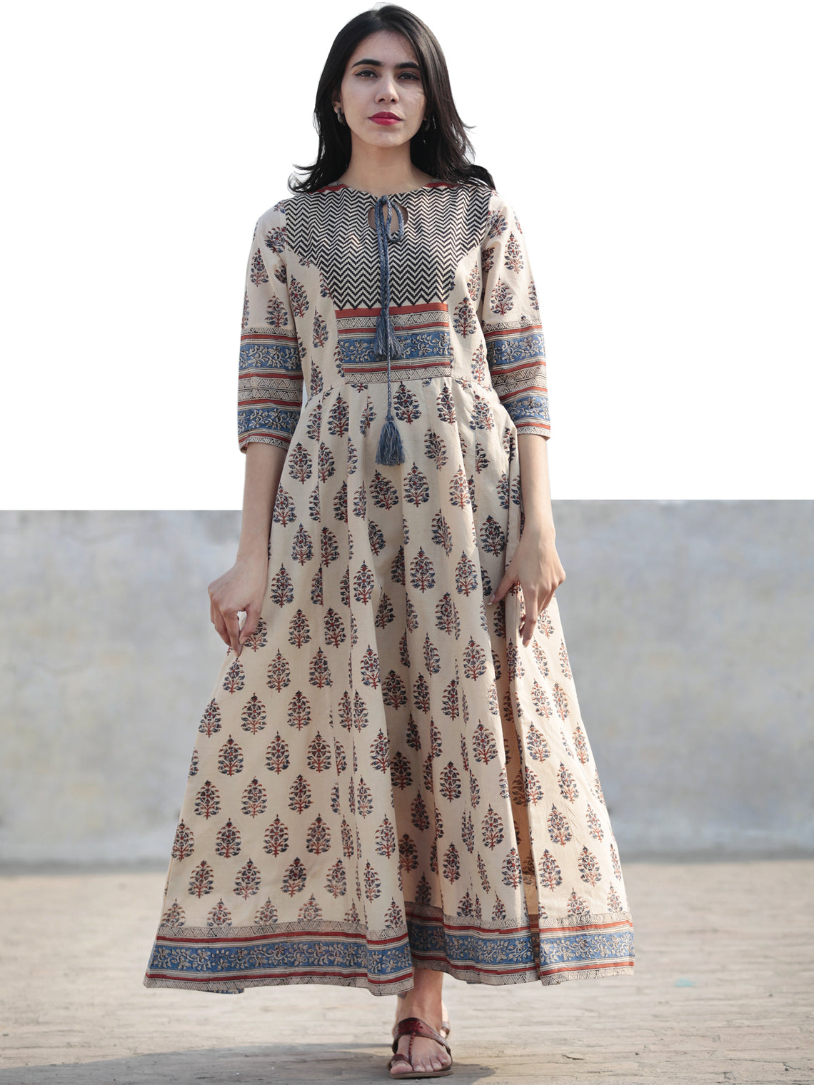 Naaz Beige Blue Maroon Black Hand Block Printed Long Cotton Dress with ...