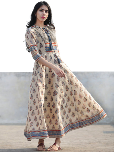 Naaz Beige Blue Maroon Black Hand Block Printed Long Cotton Dress with ...