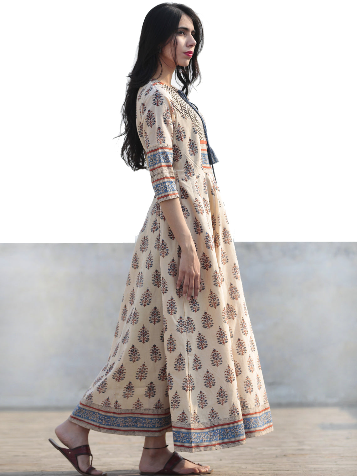 Naaz Beige Blue Maroon Black Hand Block Printed Long Cotton Dress with ...