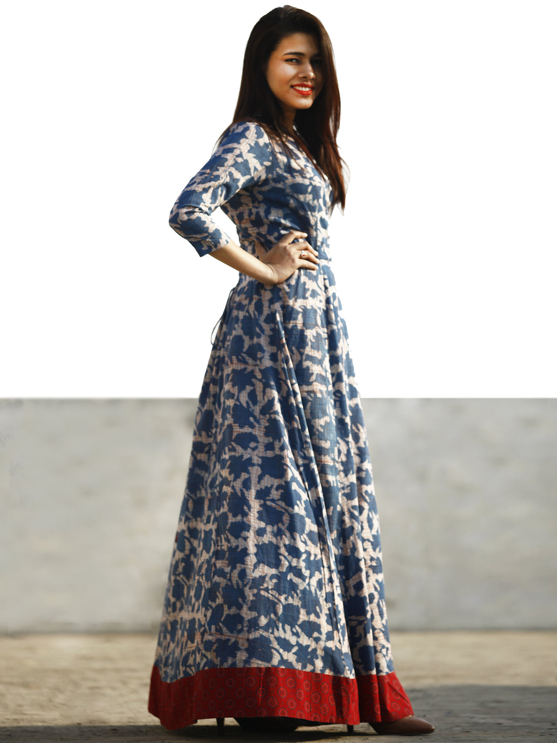 Nazmin - Hand Block Printed Long Cotton Dress With Back Knots - D162F7 ...