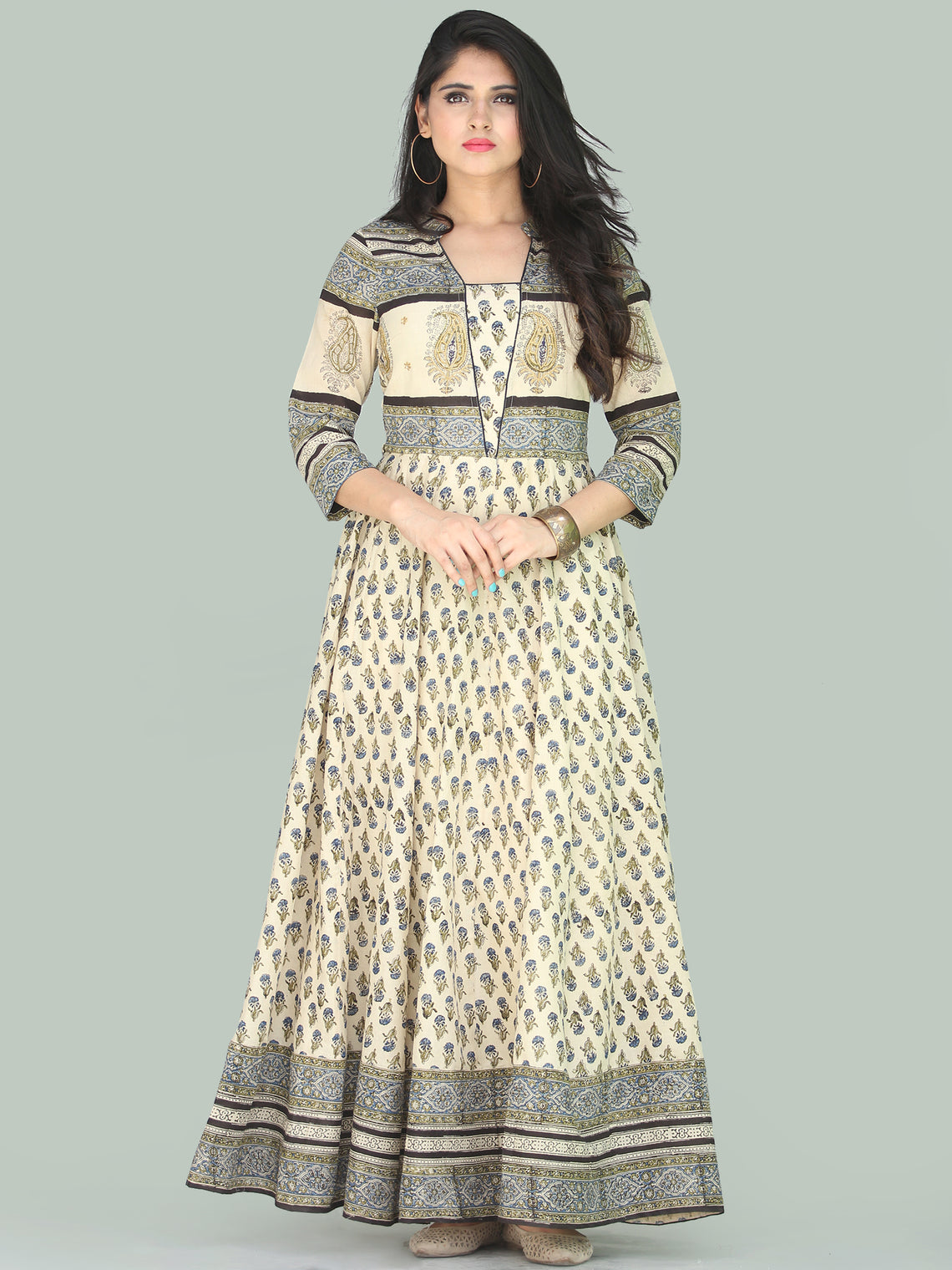 Naaz Fariha - Hand Block Printed Long Cotton Embroidered Dress With Li ...