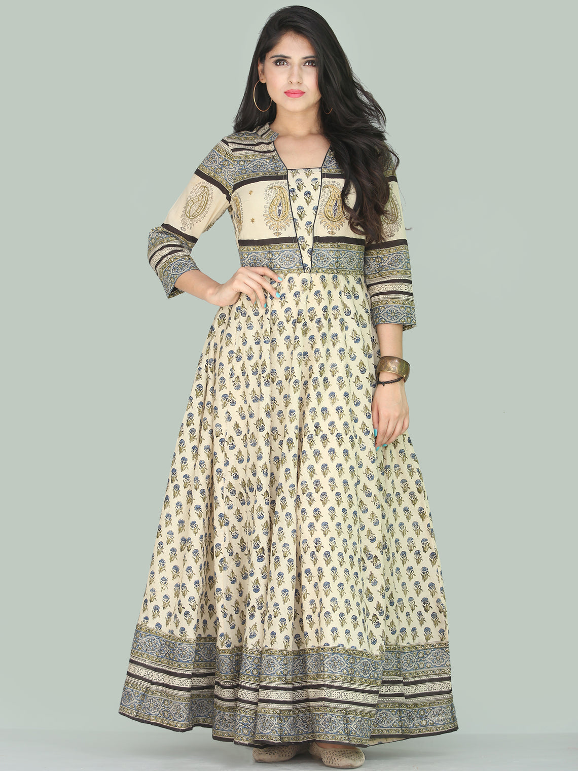 Naaz Fariha - Hand Block Printed Long Cotton Embroidered Dress With Li ...