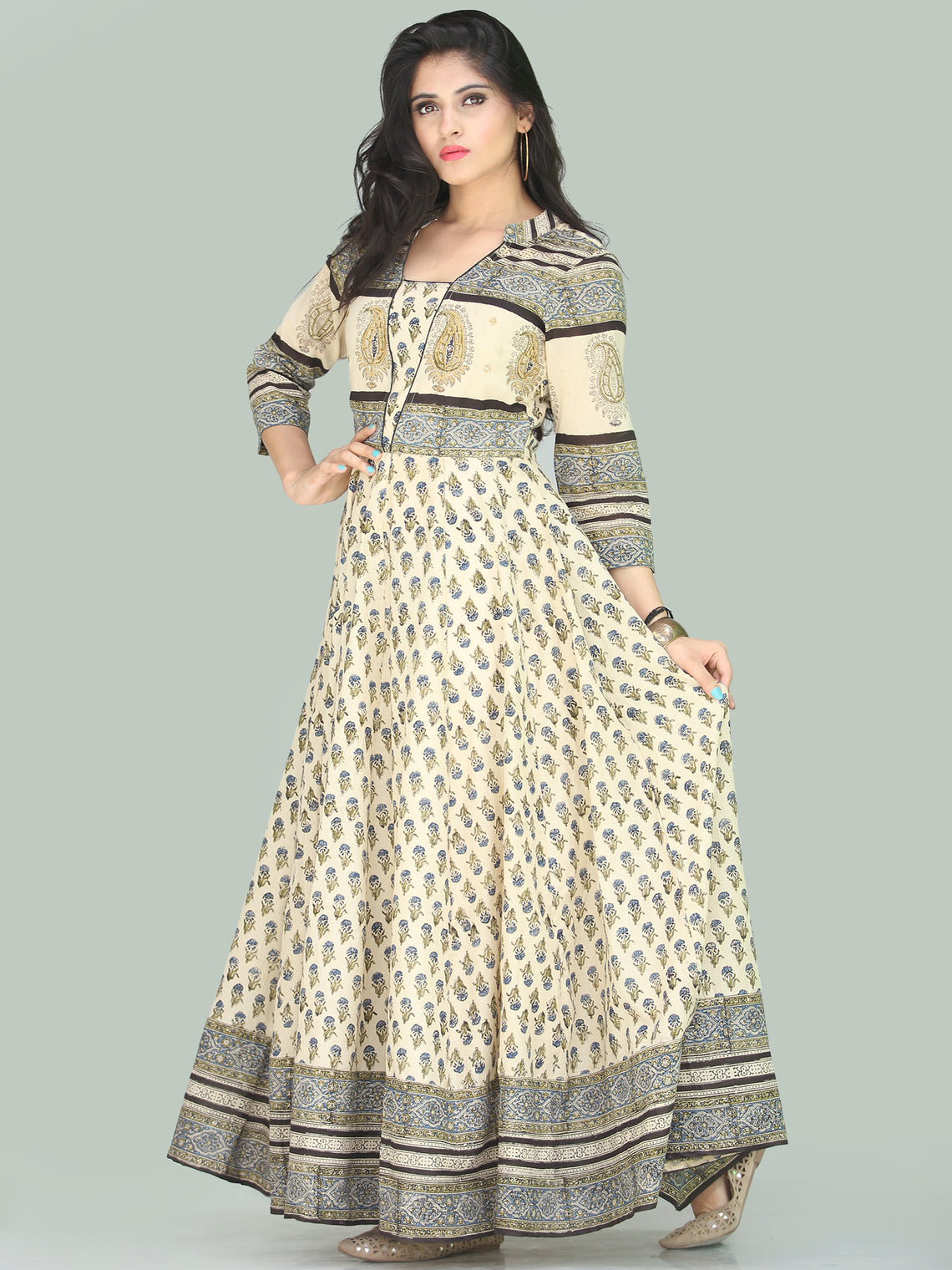 Naaz Fariha - Hand Block Printed Long Cotton Embroidered Dress With Li ...