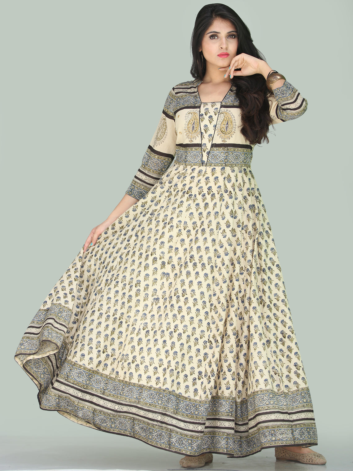 Naaz Fariha - Hand Block Printed Long Cotton Embroidered Dress With Li ...