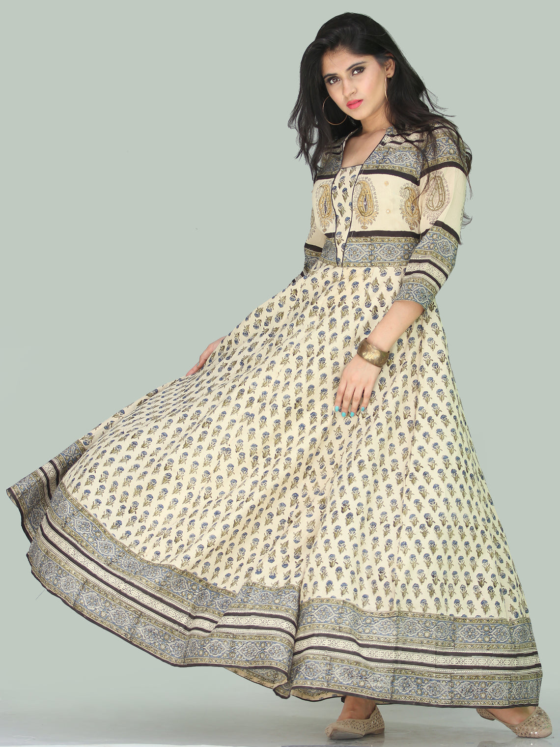 Naaz Fariha - Hand Block Printed Long Cotton Embroidered Dress With Li ...