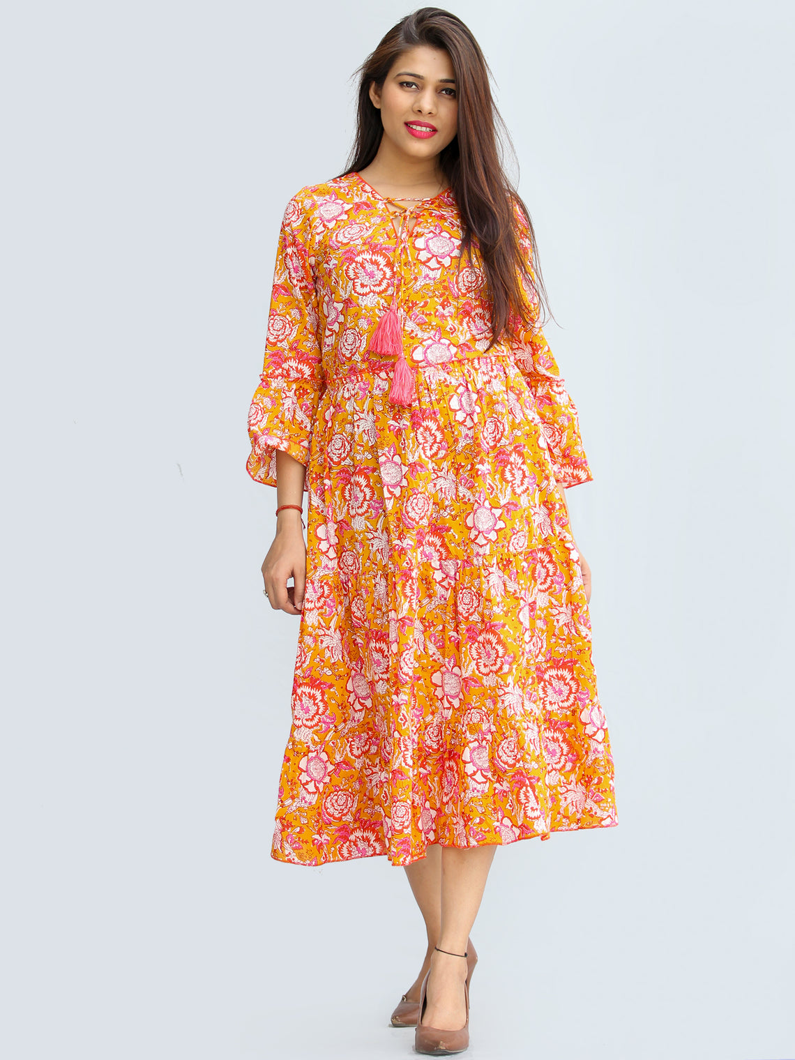 Fazna - Block Printed Cotton Midi Dress With Tassels - D425F2245 ...