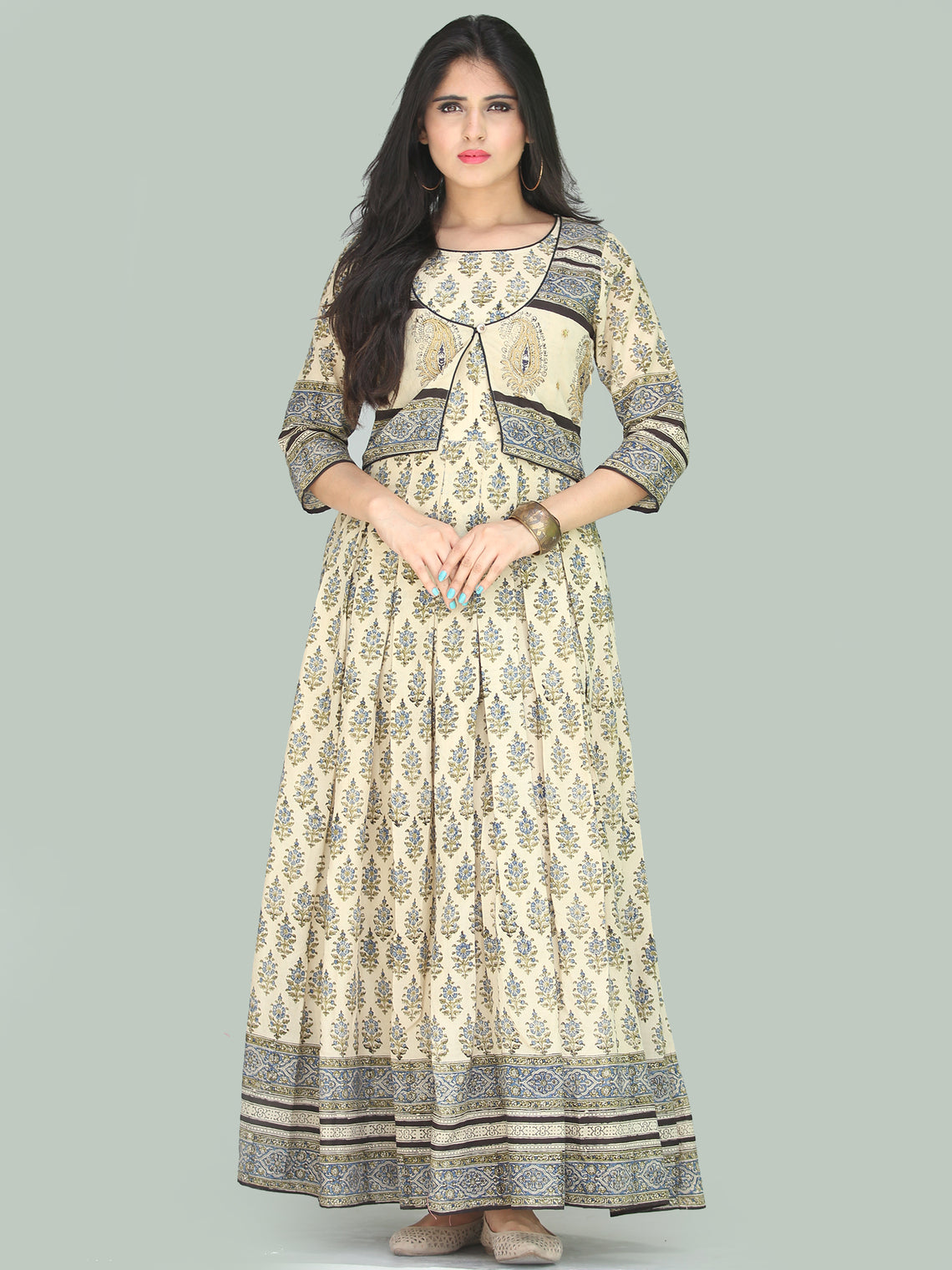 Naaz Jhara - Hand Block Printed Long Cotton Embroidered Jacket Dress ...