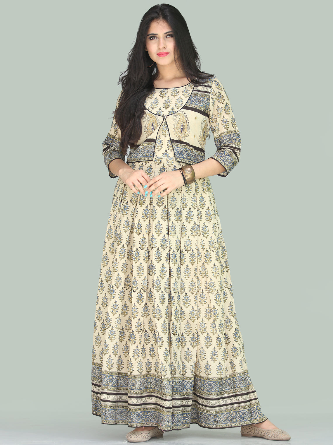 Naaz Jhara - Hand Block Printed Long Cotton Embroidered Jacket Dress ...