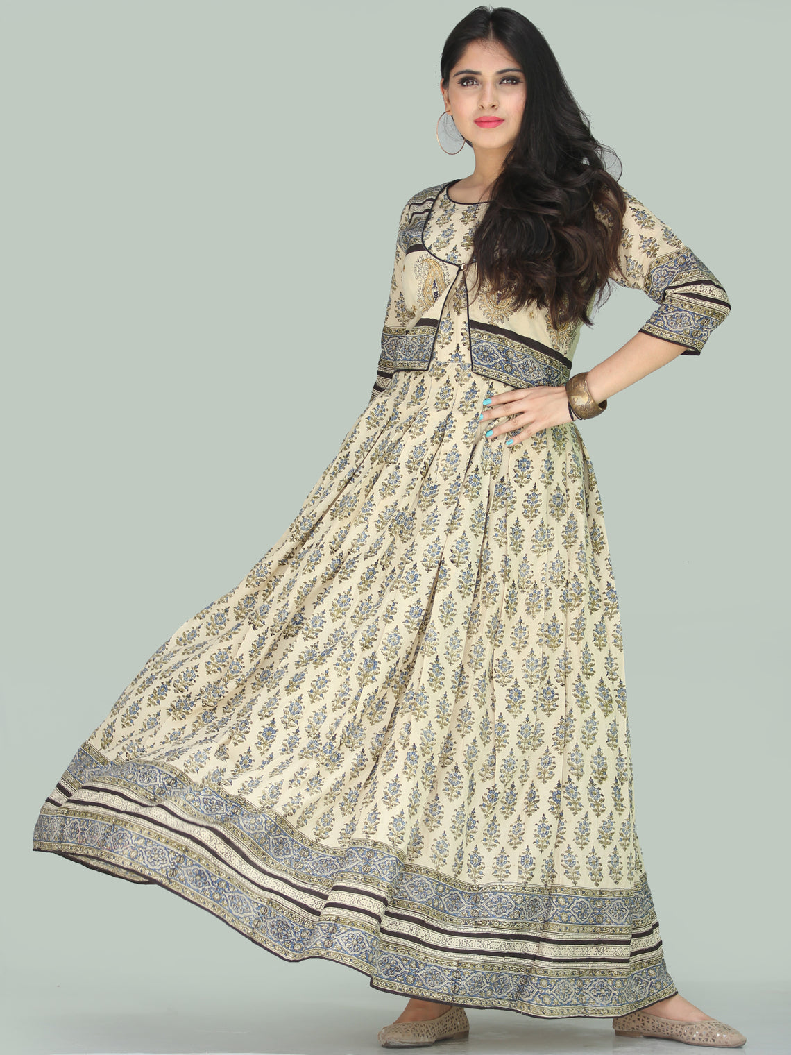 Naaz Jhara - Hand Block Printed Long Cotton Embroidered Jacket Dress ...