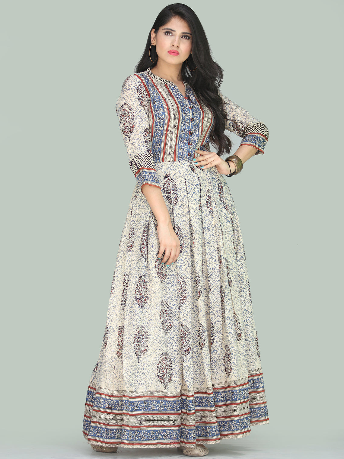 Naaz Minaz - Hand Block Printed Long Cotton Dress With Lining - DS111F ...