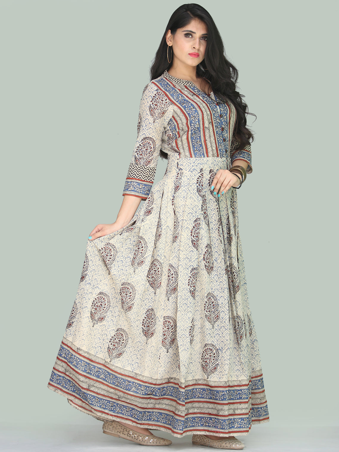 Naaz Minaz - Hand Block Printed Long Cotton Dress With Lining - DS111F ...