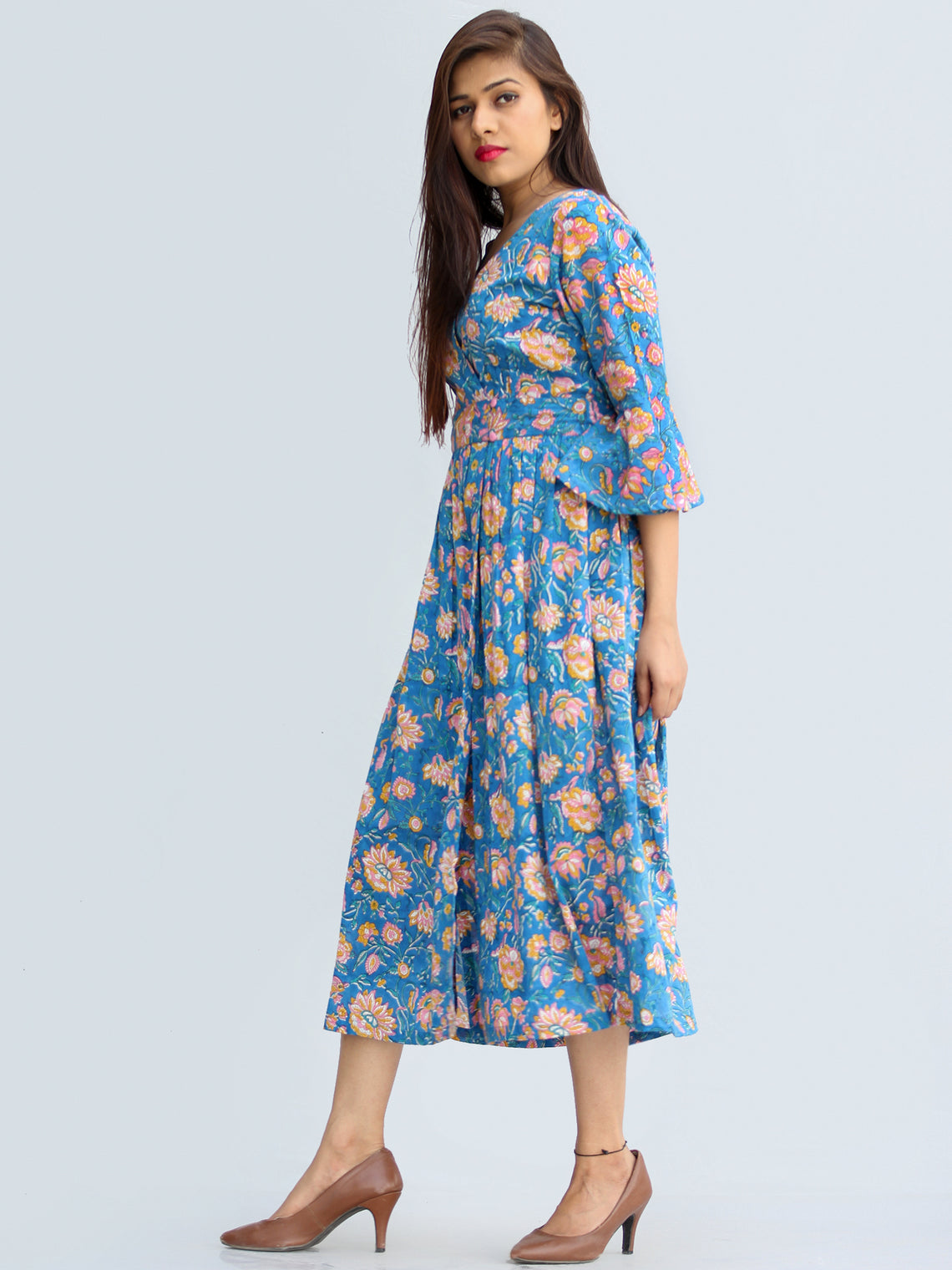 Gulrukh - Hand Block Printed Cotton Wrap Midi Dress With Bell Sleeves ...