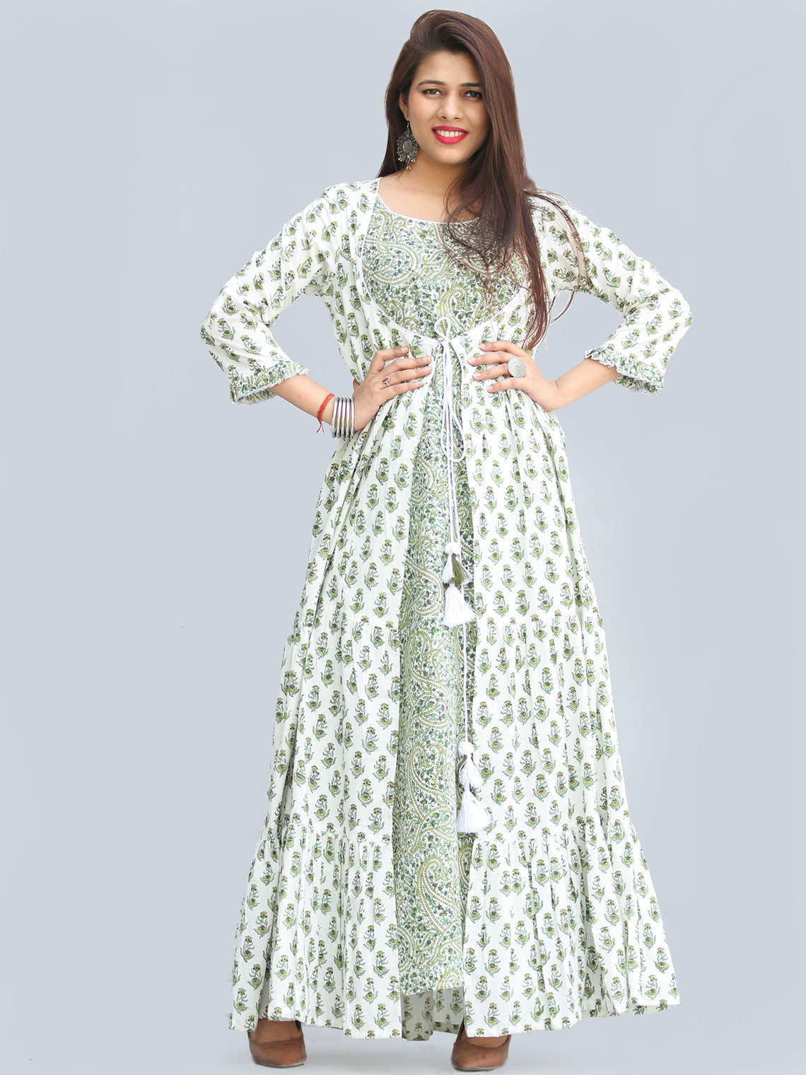 Gulzar Parinaz - Hand Block Printed Pleated Long Cape Dress With Tunic ...