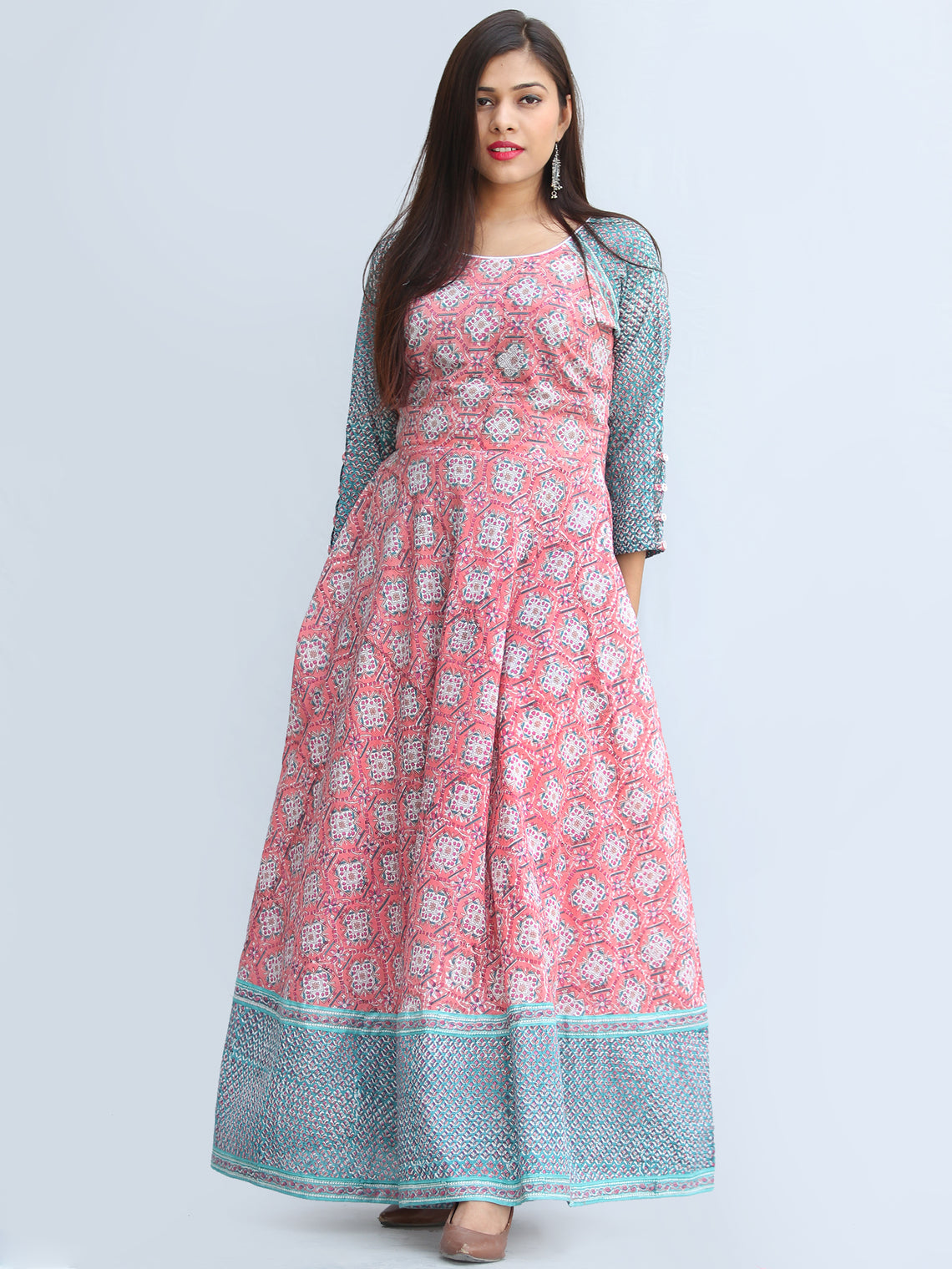 Gulzar Farzaan - Hand Block Printed Urave Cut Long Cotton Dress With R ...