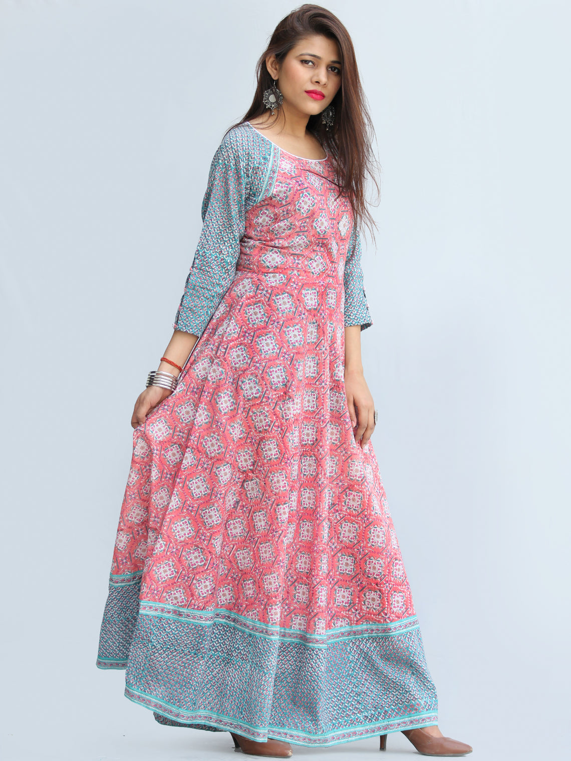 Gulzar Farzaan - Hand Block Printed Urave Cut Long Cotton Dress With R ...