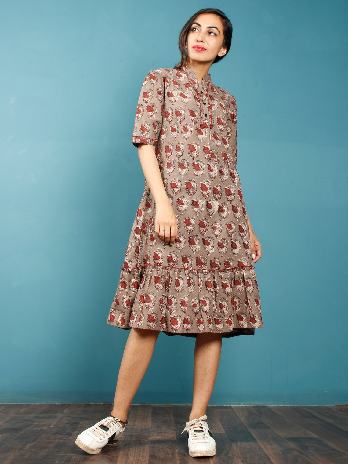 Brown Rust Beige Hand Block Printed Dobby Cotton Frock Dress With Stan ...