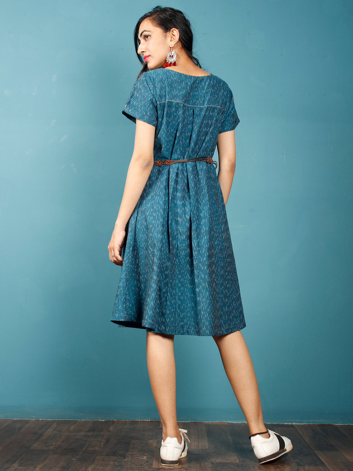 Teal Blue White Ikat Handwoven Cotton Tunic Dress With Front Pockets ...