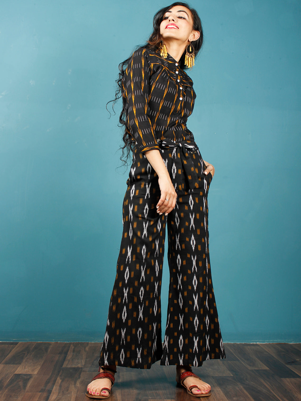 Black Grey Mustard Hand Woven Ikat Culottes Trousers With Belt- T032F8 ...