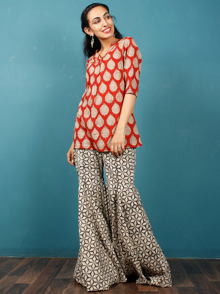 Rust Beige Black Hand Block Printed Cotton Top With Box Pleate - T40F8 ...